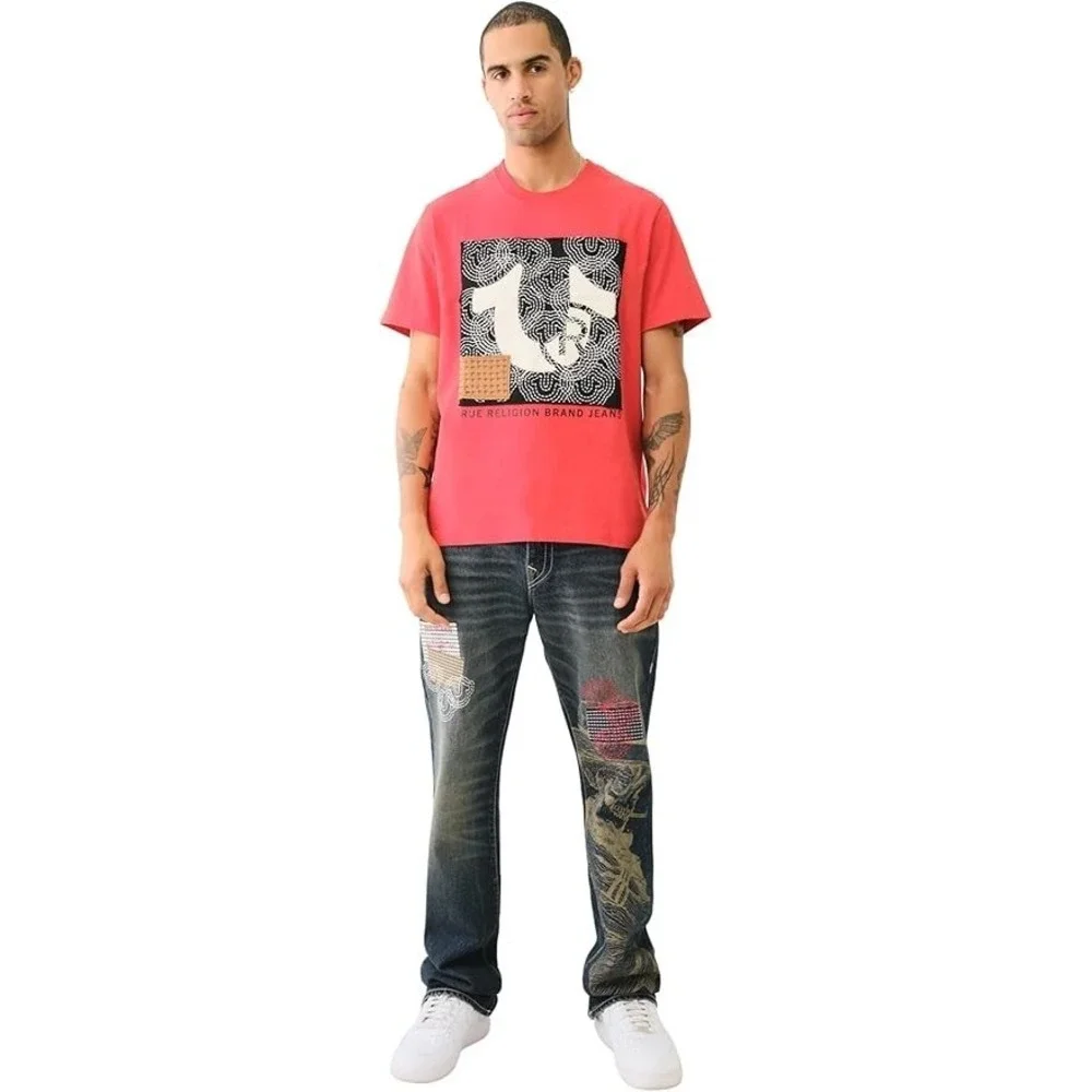 New True Religion Tee Men's Large Red Sashiko Crewneck Graphic